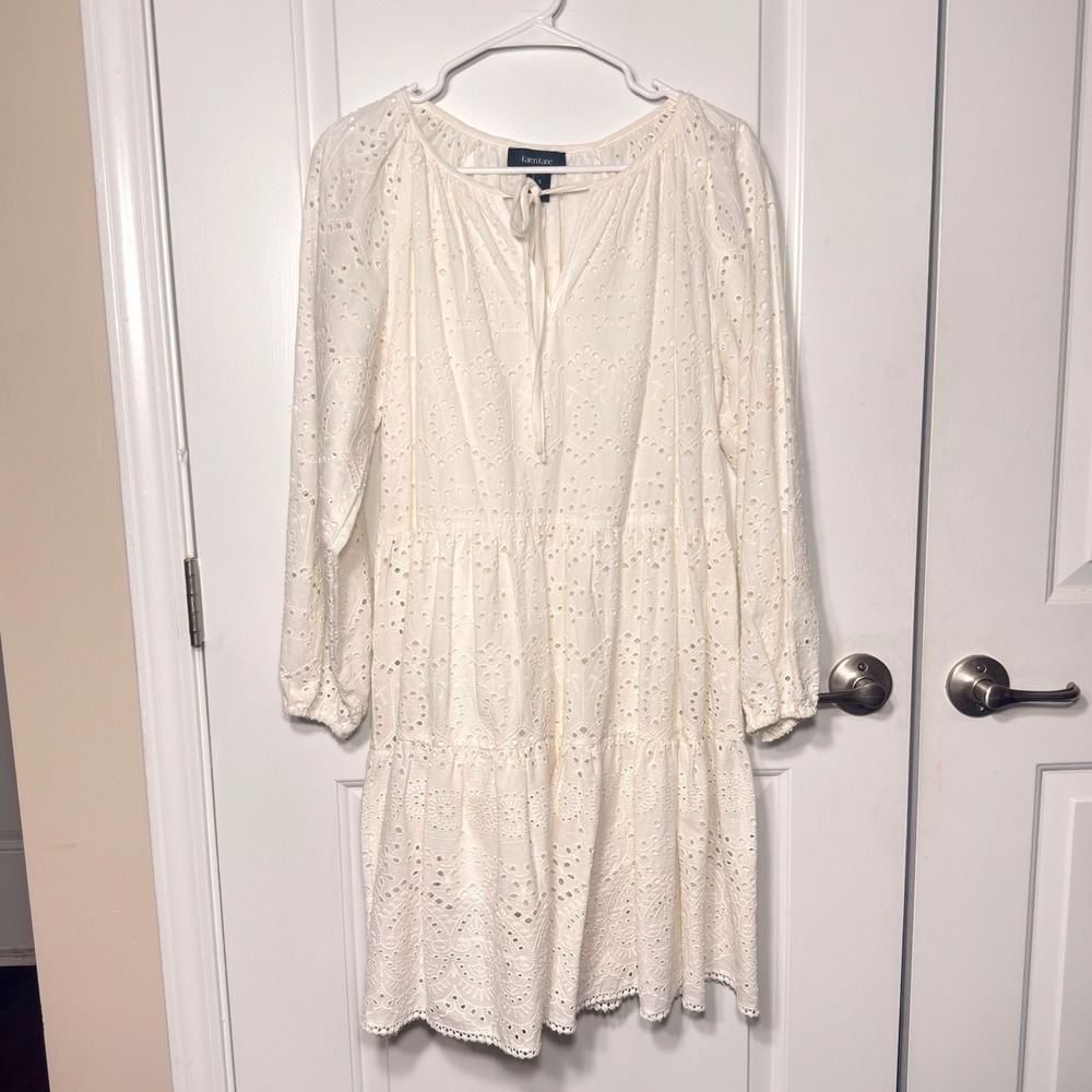 Karen Kane White Eyelet Lace Tiered Mini Dress Long Sleeve Cotton Boho Small